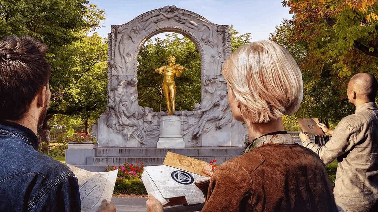 Freude und Triumph nach einer erfolgreichen Mystery Hunt mit vier Freunden